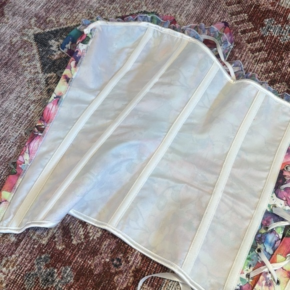 Women’s Corset top floral abstract multicolor ruffle lace-up new - Picture 6 of 9
